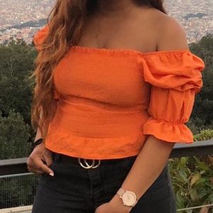 Tangerine Shirred Top with Bubble Puff Sleeves